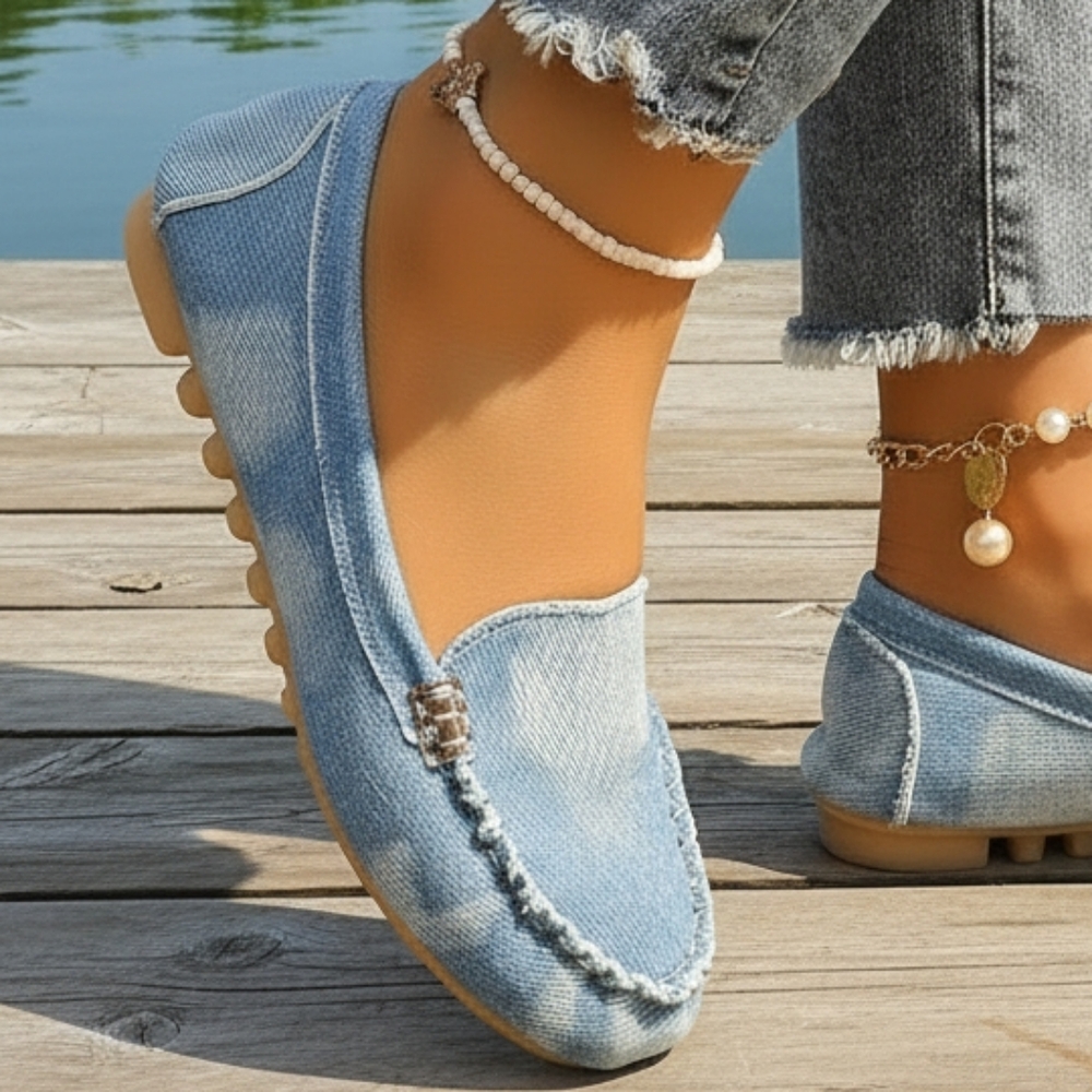 Denim Flat Slip-On Loafers Raw Seam Blue Retro Acid Wash Round Toe Boat Shoes